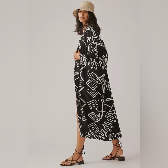 Anthropologie Kimino Inspired Long Sleeve Graphic Duster One Size Linen Blend - Picture 3 of 8